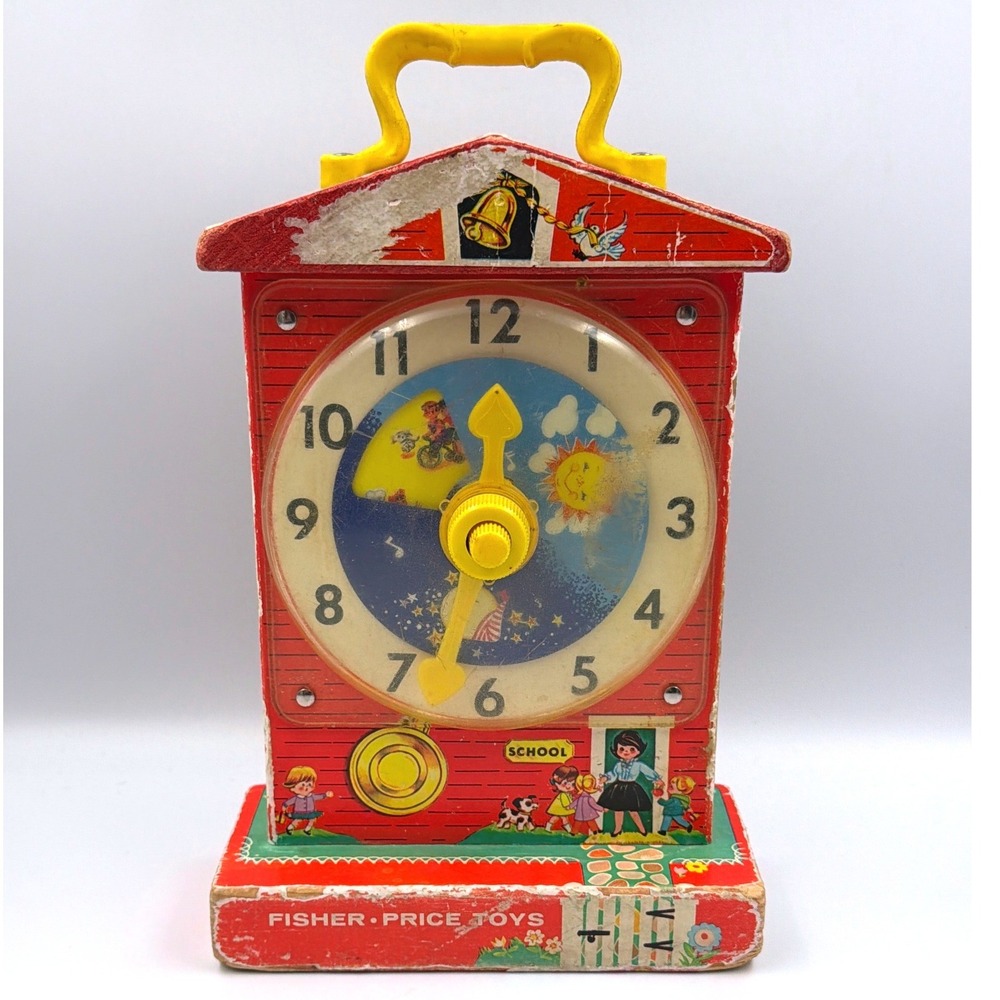 1960's Vintage Fisher Price 998 Music Box Teaching Clock Wind Up WORKS!